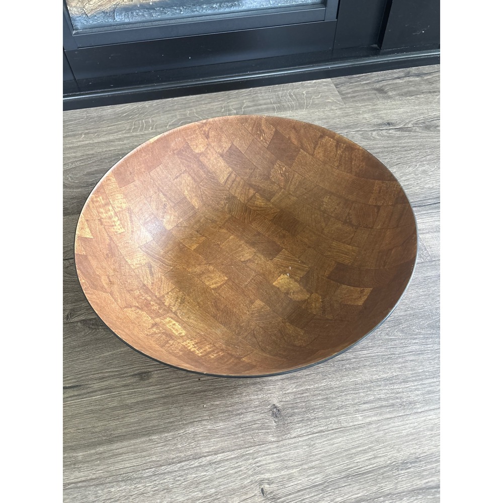 Vintage Karen Top of the Table Large Woven Wood Parquet Salad Bowl 15.5 Inch MCM